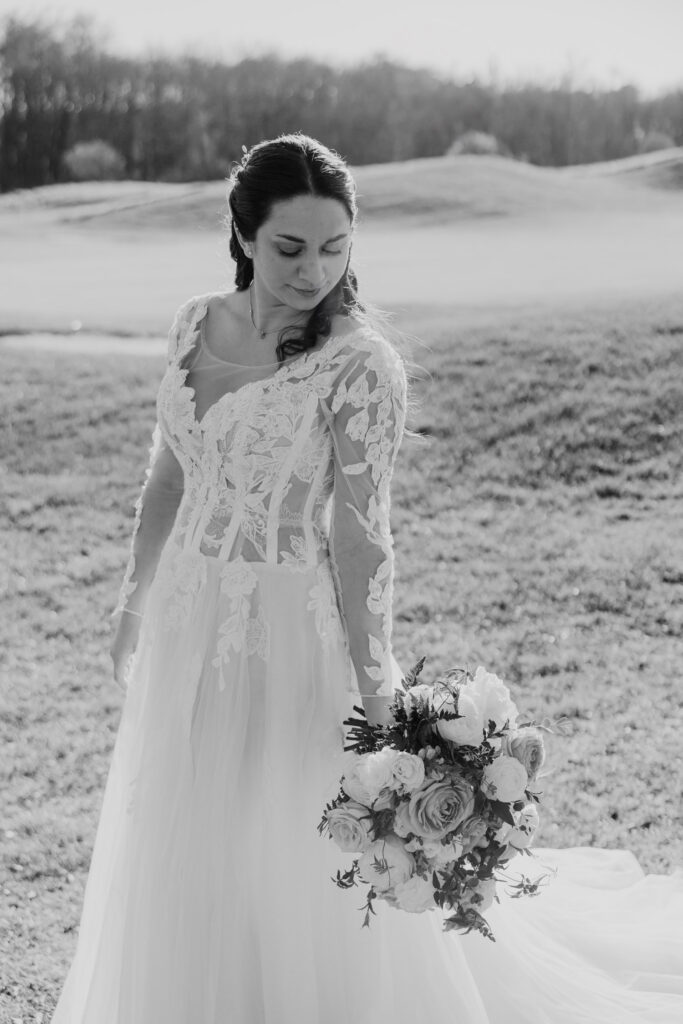 Stunning portrait of the bride in her wedding dress at The Links at Union Vale.