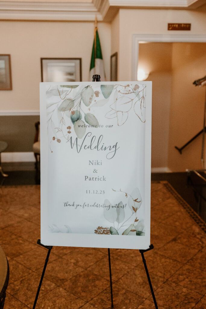 Elegant welcome sign at The Links at Union Vale for a picturesque Hudson Valley wedding.